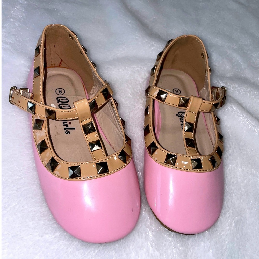 QQ Girls Pink Patent Studded T-Strap Mary Jane Dress Shoes Size 8